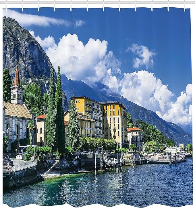 Ambesonne Italy Shower Curtain, Panoramic Landscape of Lake Como Mountains and Clouds Digital Image Print, Cloth Fabric Bathroom Decor Set with Hooks, 69" W x 75" L, Blue and Green