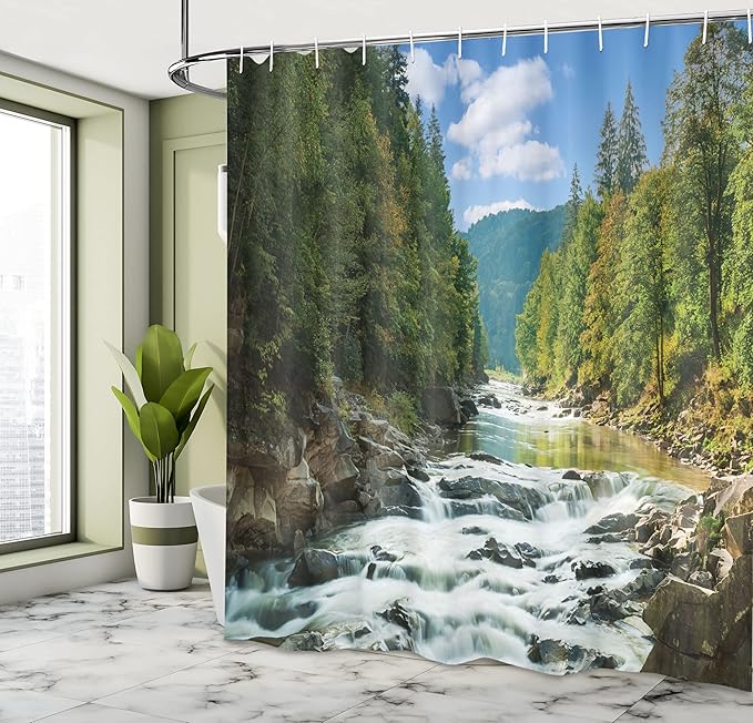 Ambesonne Nature Shower Curtain, Mountain River Along The Forest Waterfall Rocks Stream Travel Destination Landscape, Cloth Fabric Bathroom Decor Set with Hooks, 69" W x 70" L, Forrest Green