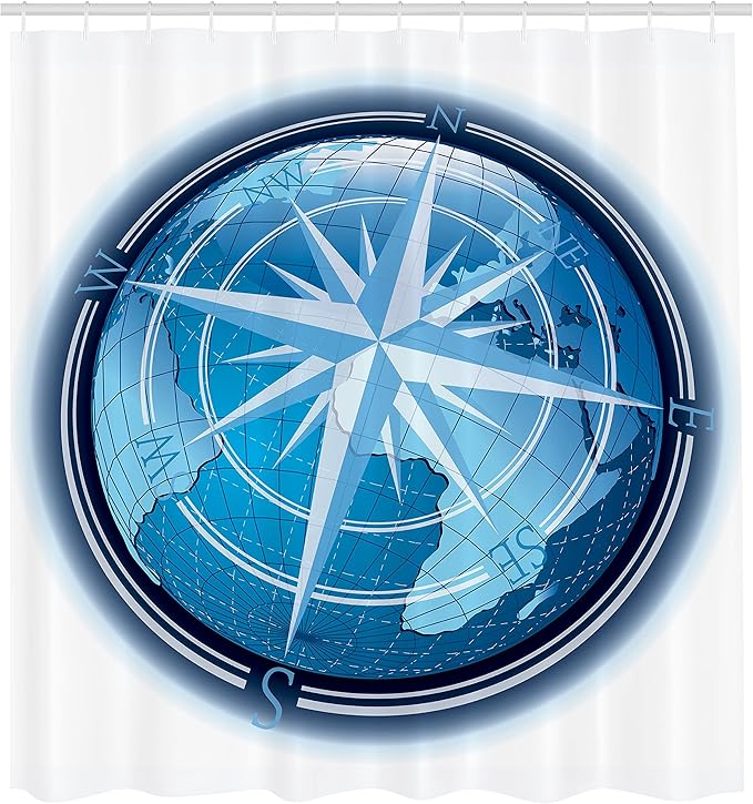 Ambesonne Compass Shower Curtain, Abstract Composition with Globe and Windrose Continents Ocean Modern Illustration, Cloth Fabric Bathroom Decor Set with Hooks, 69" W x 70" L, Navy Blue