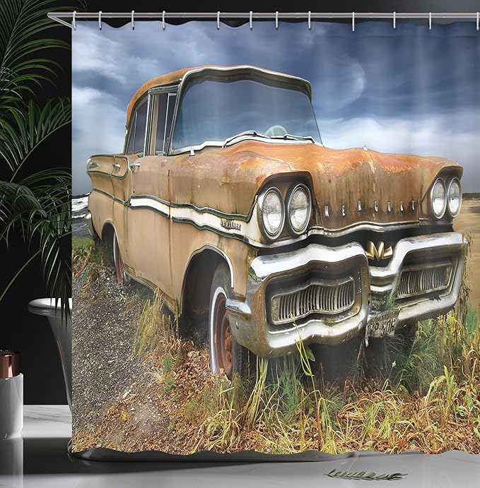 Ambesonne Manly Shower Curtain, Picturesque Rural Landscape Old Fashioned Rusty Abandoned Car Countryside, Cloth Fabric Bathroom Decor Set with Hooks, 69" W x 75" L, Night Blue Umber Tan