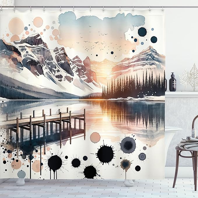 Ambesonne Lake Shower Curtain, Surreal Mountain Landscape Illustration Abstract Paint Splatter Blots, Cloth Fabric Bathroom Decor Set with Hooks, 69" W x 75" L, Peach and Pale Slate Blue