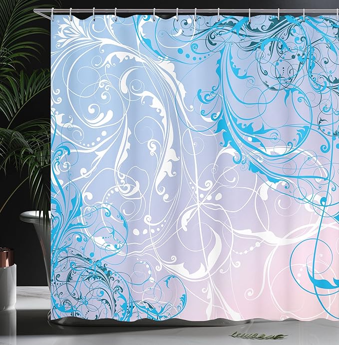 Ambesonne Floral Shower Curtain, Baroque Swirl Branches Curved Flower Leaves Shabby Form Nature Pattern, Cloth Fabric Bathroom Decor Set with Hooks, 69" W x 84" L, Dark Sky