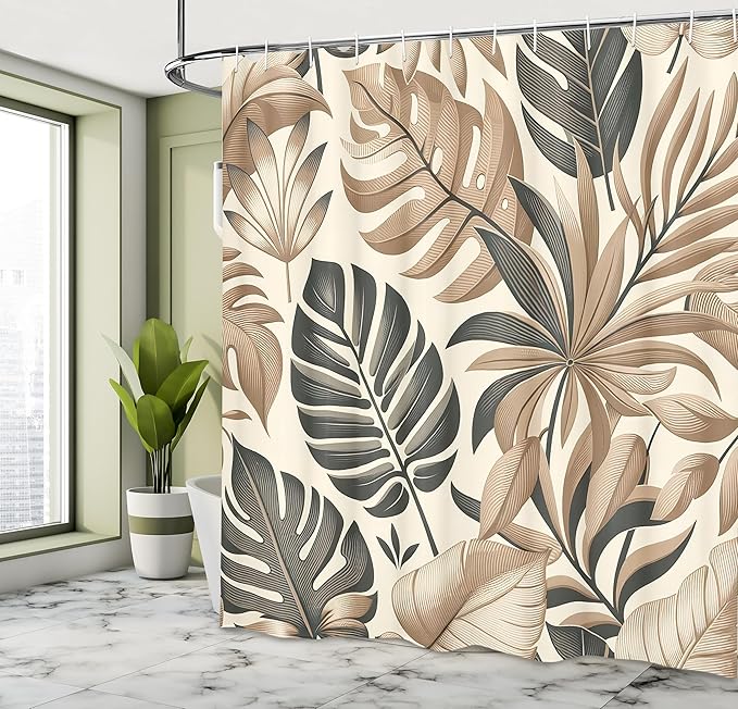 Ambesonne Tan Shower Curtain, Nostalgic Earthy Colors Boho Exotics Concept Monstera Leaves Urban Jungle, Cloth Fabric Bathroom Decor Set with Hooks, 69" W x 70" L, Dark Sea Green Eggshell