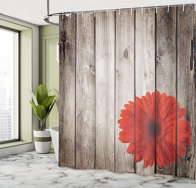 Ambesonne Rustic Shower Curtain, Flower Red Dahlia on Foreground of Murky Featured Dated Wooden Board Retro Art Print, Cloth Fabric Bathroom Decor Set with Hooks, 69" W x 70" L, Brown