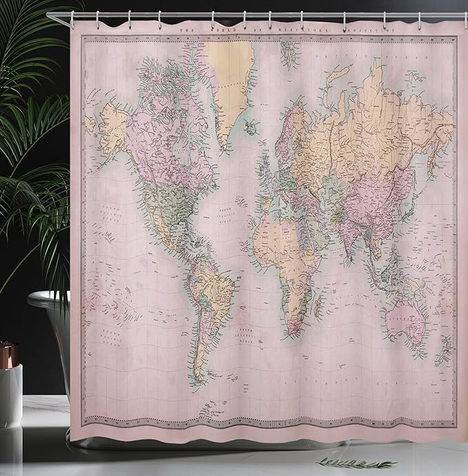 Ambesonne World Map Shower Curtain, Nostalgic Old Hand Colored Look Atlas of The Earth Anthique Chart for Old Emperors Artwork, Cloth Fabric Bathroom Decor Set with Hooks, 69" W x 75" L, Pale Yellow