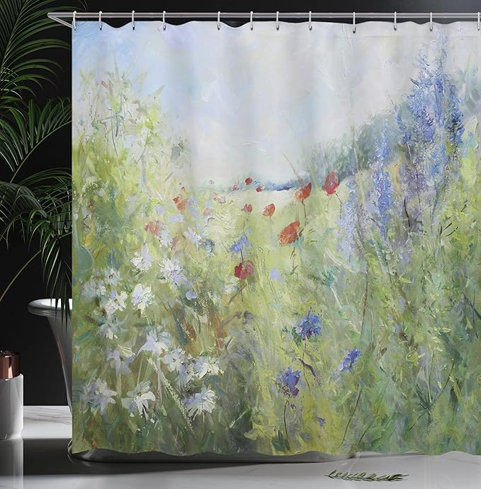 Ambesonne Flower Shower Curtain, Summer Terrace Gate with Colorful Flowers in a Garden House in Greece Image, Cloth Fabric Bathroom Decor Set with Hooks, 69" W x 84" L, Green White