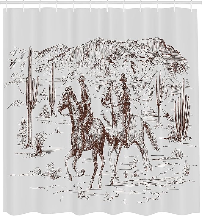 Ambesonne Western Shower Curtain, Country Theme Hand Drawn Illustration of American Wild West Desert with Cowboys, Cloth Fabric Bathroom Decor Set with Hooks, 69" W x 75" L, Umber Pearl