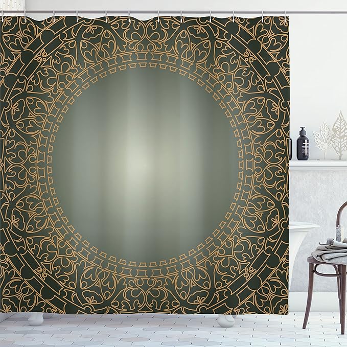Ambesonne Mandala Shower Curtain, Vintage Frame Eastern Motifs Traditional Retro Classic Art Illustration, Cloth Fabric Bathroom Decor Set with Hooks, 69" W x 70" L, Dark Olive