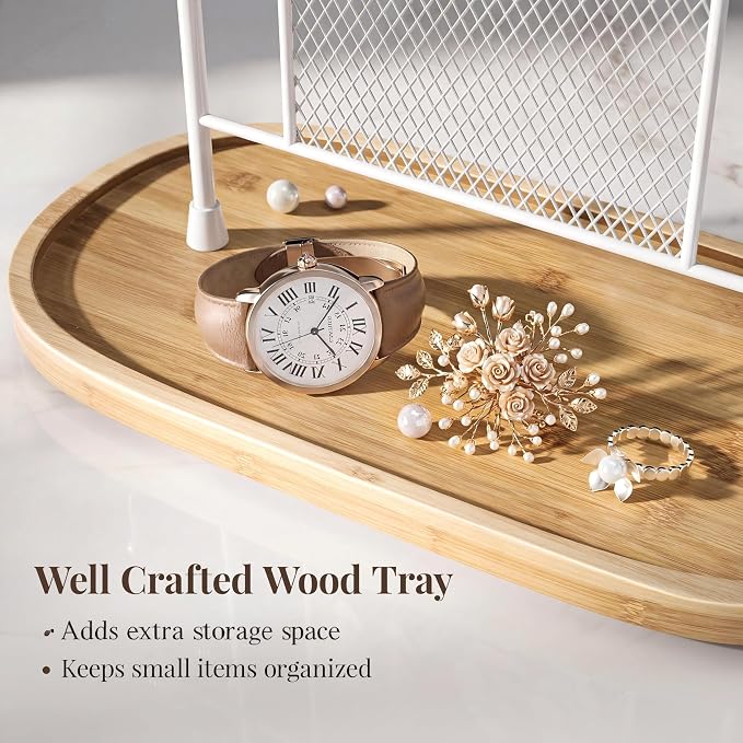 bussdis Jewelry Holder Organizer Earring Display - Earring Storage Tree Stands Towers With 6 Hooks 300 Studs Wood Tray White Metal Rack