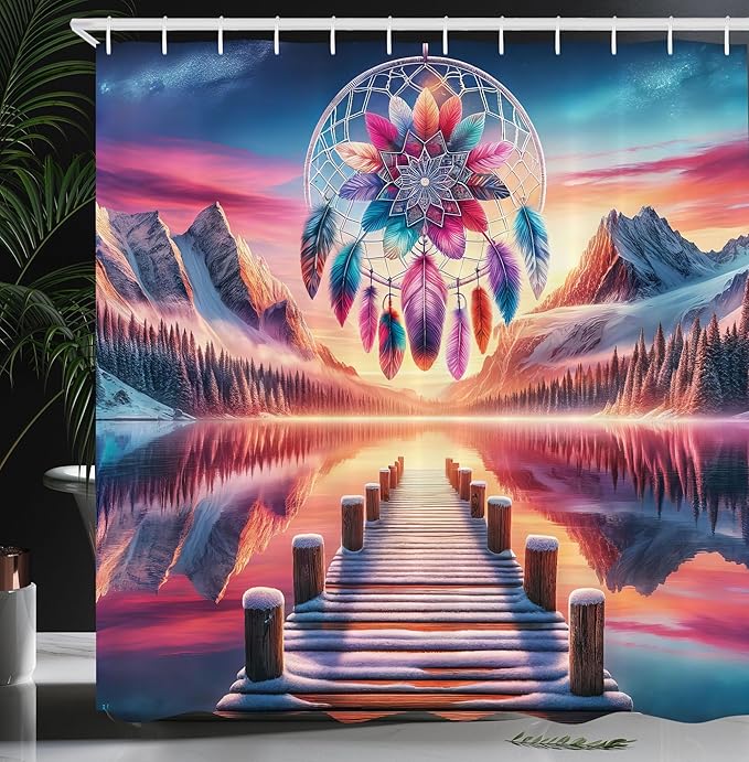 Ambesonne Lake Shower Curtain, Pure Wild Mountains Sunset Sky Dreamcatcher Feathers in Psychedelic Colors, Cloth Fabric Bathroom Decor Set with Hooks, 69" W x 84" L, Pink Peach and Teal