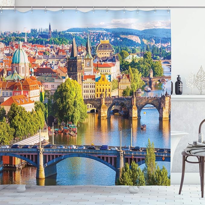 Ambesonne Scenery Shower Curtain, Scenic Summer Old Town Charles Bridge Over Vltava River in Prague Czech Republic, Cloth Fabric Bathroom Decor Set with Hooks, 69" W x 75" L, Multicolor