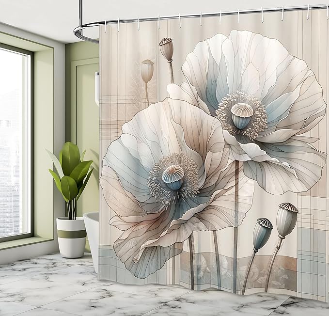 Ambesonne Neutral Shower Curtain, Vintage Soft Colored Poppy Flowers Blossoming Garden Gentle Hues Print, Cloth Fabric Bathroom Decor Set with Hooks, 69" W x 84" L, Warm Taupe and Blue