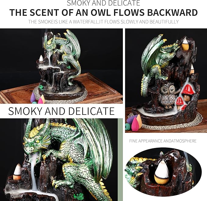 Dragon Backflow 2 Sided Mountain Waterfall Incense Burner,Fountain Smoke Incense Holder with Backflow Incense Cones, Tweezers, Mat，Resin Aromatherapy Meditation (Green)
