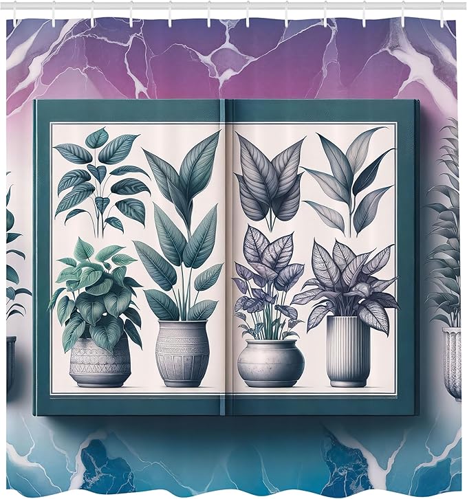 Ambesonne Botanical Shower Curtain, Nature Leaves Illustration with Marble Print Back Indigo Tone Dream, Cloth Fabric Bathroom Decor Set with Hooks, 69" W x 84" L, Violet White Petrol Blue