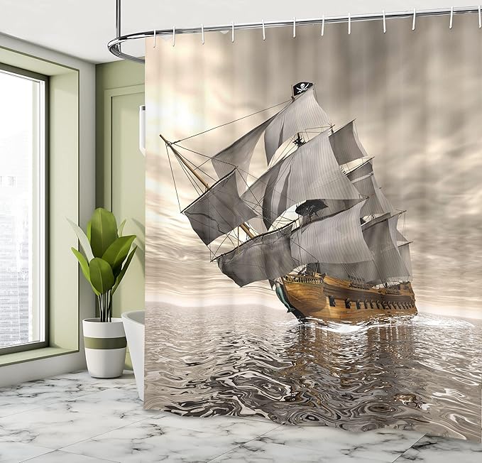 Ambesonne Ocean Shower Curtain, 3D Style Pirate Sea Ship and Historic Vessel and Cloudy Sky Voyage of Exploration Theme of Art, Cloth Fabric Bathroom Decor Set with Hooks, 69" W x 84" L, Coffee Grey