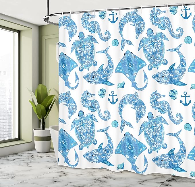 Ambesonne Anchor Shower Curtain, Pattern with Turtle Dolphin Sea Horse Mollusk Shark Fauna Exotic Tropical Aquatic, Cloth Fabric Bathroom Decor Set with Hooks, 69" W x 70" L, Sky Blue