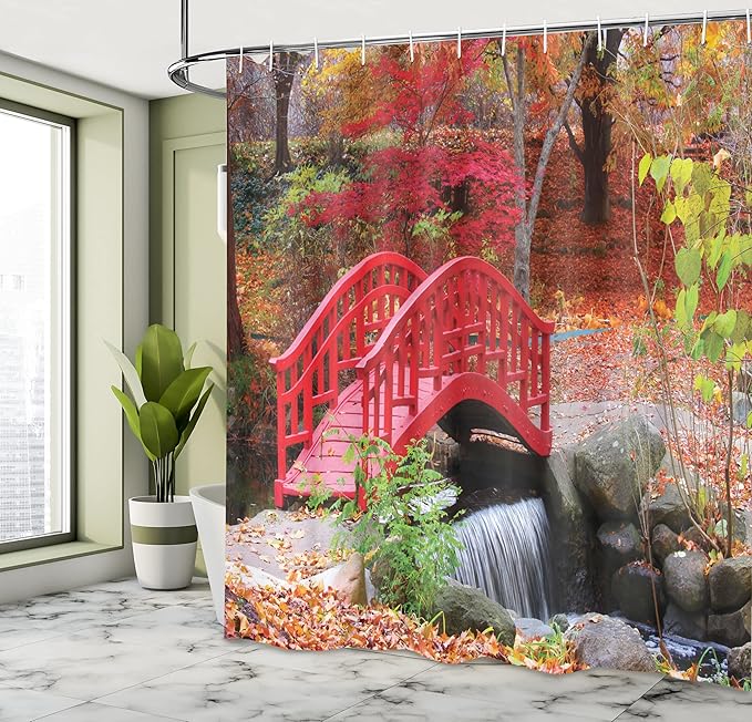 Ambesonne Japanese Shower Curtain, Garden with Oak Colored Little Bridge Nature in November October Fall, Cloth Fabric Bathroom Decor Set with Hooks, 69" W x 70" L, Orange Red