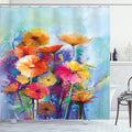 Ambesonne Floral Shower Curtain, Abstract Flower Bouquet in Soft Watercolors Daisies and Gerberas Spring Seasonal, Cloth Fabric Bathroom Decor Set with Hooks, 69" W x 70" L, Blue Purple