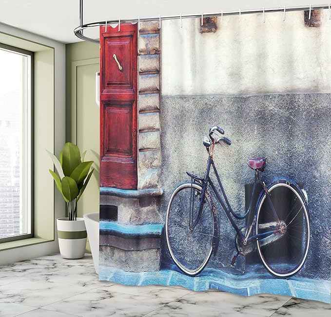 Ambesonne Bicycle Shower Curtain, Vintage Themed Bicycle Leans City Walls Modern Urban Street Regular Transportation Vehicle Image, Cloth Fabric Bathroom Decor Set with Hooks, 69" W x 70" L, Eggshell