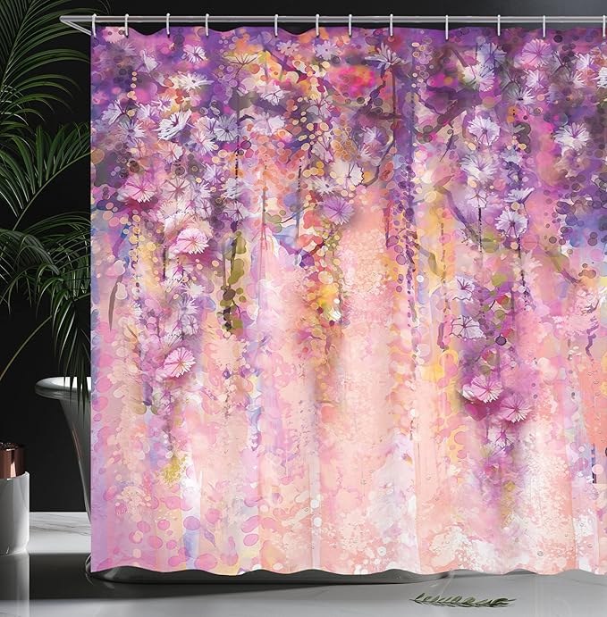 Ambesonne Watercolor Flower Shower Curtain, Wisteria Tree in Full Blossom Romantic Spring Over Bokeh Background, Cloth Fabric Bathroom Decor Set with Hooks, 69" W x 70" L, Purple Peach