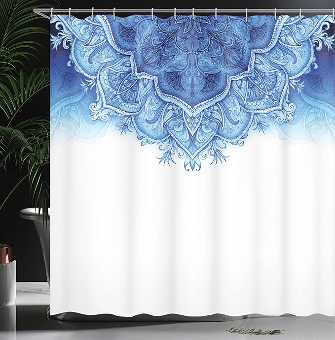 Ambesonne Moroccan Shower Curtain, Floral Artwork Vintage Style with Eastern Architectural Elements Oriental Pattern, Cloth Fabric Bathroom Decor Set with Hooks, 69" W x 75" L, White Blue
