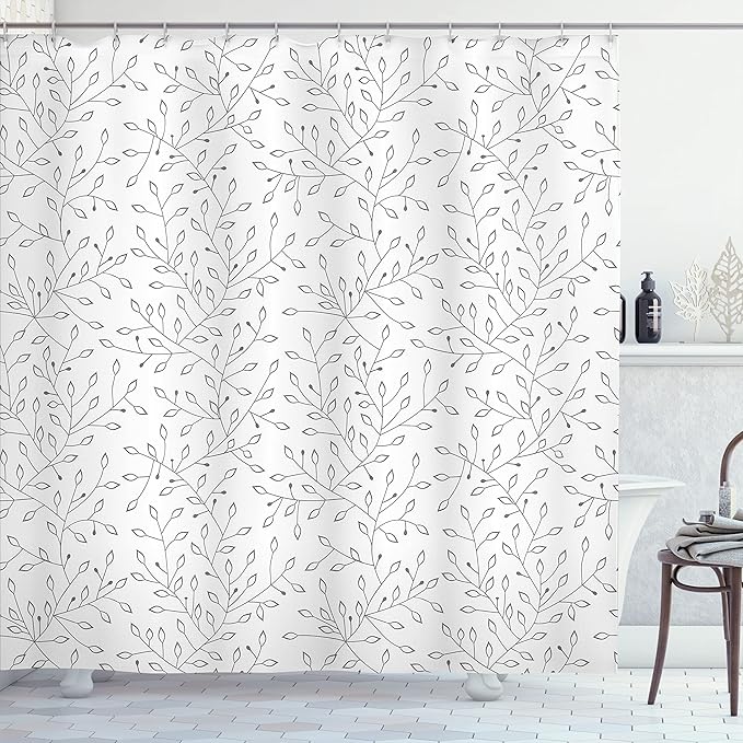 Ambesonne Nature Shower Curtain, Leaf Branches in Simplistic Minimalist Woody Plants Forest Garden, Cloth Fabric Bathroom Decor Set with Hooks, 69" W x 70" L, Pearl Grey