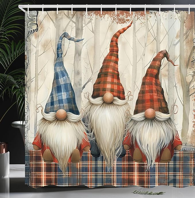 Ambesonne Christmas Shower Curtain, Gnomes with Plaid Hats Print Whimsical Xmas Elves Santa's Helpers, Cloth Fabric Bathroom Decor Set with Hooks, 69" W x 70" L, Blue Brown Burnt Sienna