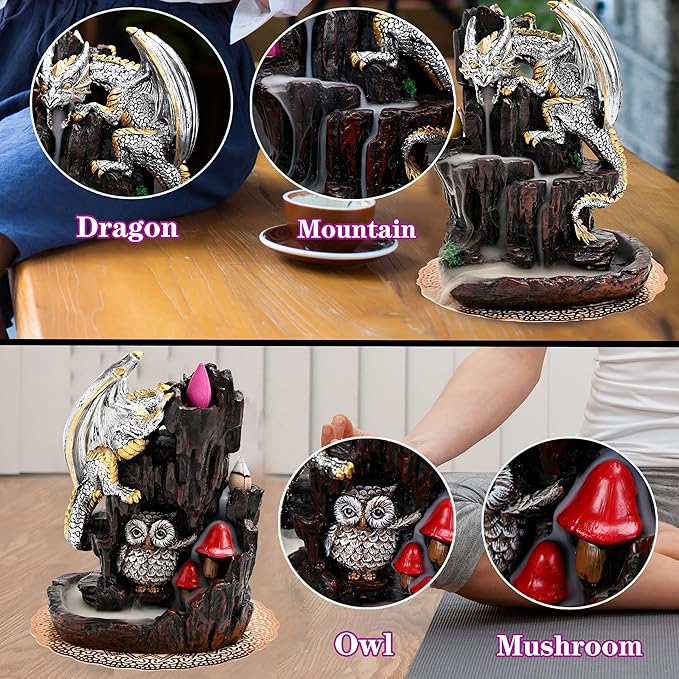 Dragon Backflow 2 Sided Mountain Waterfall Incense Burner,Fountain Smoke Incense Holder with Backflow Incense Cones, Tweezers, Mat，Resin Aromatherapy Meditationvaiuk (Silver)