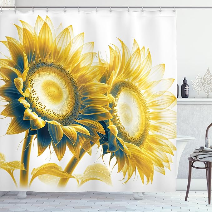 Ambesonne Yellow Shower Curtain, Vintage Countryside Farmhouse Vibe Pair of Sunflowers on Plain Background, Cloth Fabric Bathroom Decor Set with Hooks, 69" W x 70" L, Mustard Dimgray Cream
