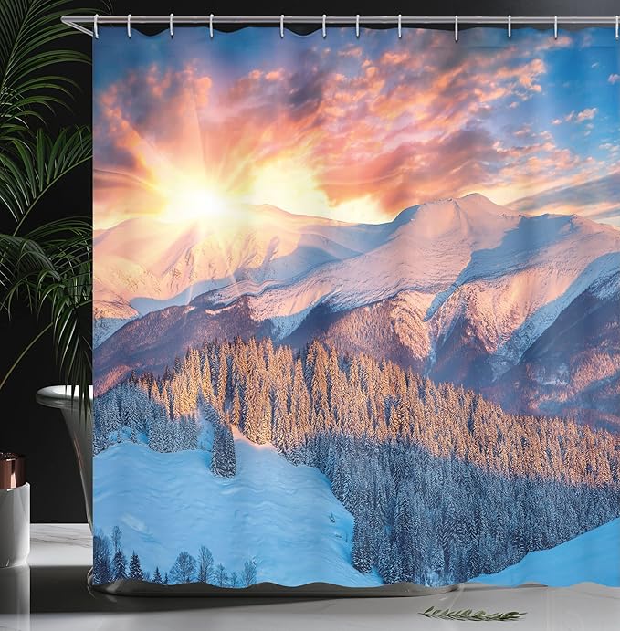 Ambesonne Mountain Shower Curtain, Mountain View with Colorful Winter Sunrise on The Top Nature Art, Cloth Fabric Bathroom Decor Set with Hooks, 69" W x 70" L, Yellow White