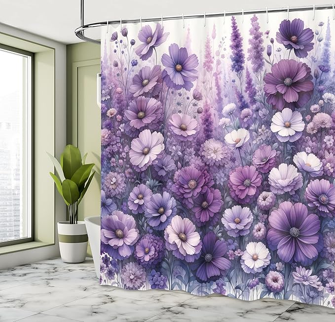 Ambesonne Purple Shower Curtain, Picturesque Cottagecore Style Flowers Meadow Monochromatic Pastel Tones, Cloth Fabric Bathroom Decor Set with Hooks, 69" W x 84" L, Lilac Lavender Quartz