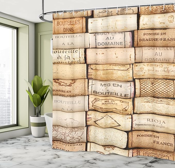 Ambesonne Winery Shower Curtain, Different Wine Corks Arranged in a Line French Aged Drinking Themed Closeup Art Macro Print, Cloth Fabric Bathroom Decor Set with Hooks, 69" W x 84" L, Ivory Brown