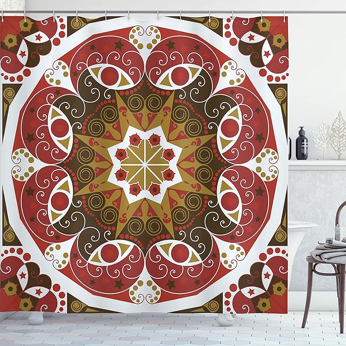 Ambesonne Classic Shower Curtain, Ornamentation Victorian Style Historic Interior Design Round Shape Art, Cloth Fabric Bathroom Decor Set with Hooks, 69" W x 70" L, Olive Green Ruby White