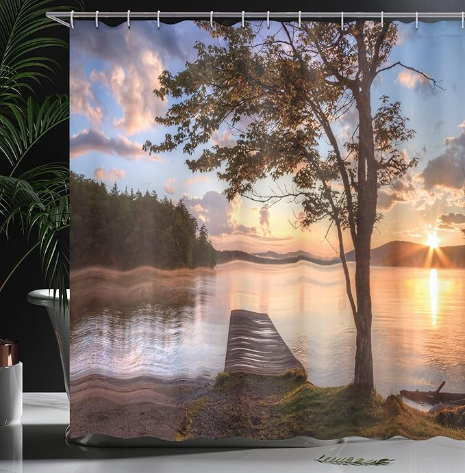 Ambesonne Seascape Shower Curtain, Wooden Bridge Shore of Seventh Lake Tree Sunbeam at Sunset Water Reflection Tranquility, Cloth Fabric Bathroom Decor Set with Hooks, 69" W x 84" L, Brown Peach