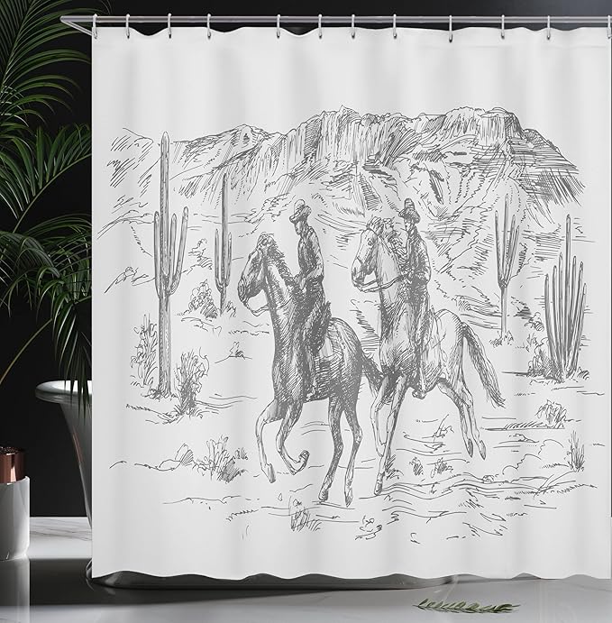 Ambesonne Western Shower Curtain, Country Theme Hand Drawn Illustration of American Wild West Desert with Cowboys, Cloth Fabric Bathroom Decor Set with Hooks, 69" W x 70" L, Light Grey