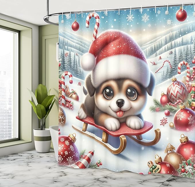Ambesonne Christmas Shower Curtain, Dog with Santa Hat and Big Innocent Eyes Holiday Joy Snowy Mountains, Cloth Fabric Bathroom Decor Set with Hooks, 69" W x 84" L, Dark Pink Blue Brown