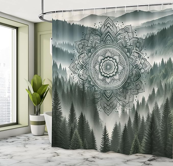 Ambesonne Dark Green Shower Curtain, Foggy Morning Mountains with Mandala Ornate Abstract Paint Print, Cloth Fabric Bathroom Decor Set with Hooks, 69" W x 70" L, Evergreen Coconut and Grey