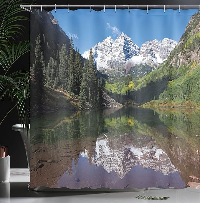 Ambesonne Landscape Shower Curtain, Snow Covered Maroon Bells in Autumn Trees Mountain Reflection Lake Scenery, Cloth Fabric Bathroom Decor Set with Hooks, 69" W x 84" L, Green Blue White