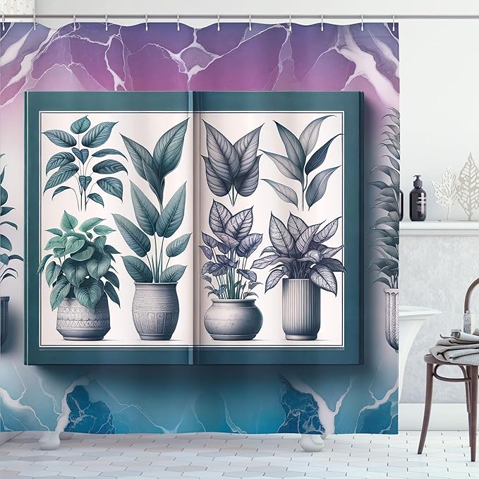 Ambesonne Botanical Shower Curtain, Nature Leaves Illustration with Marble Print Back Indigo Tone Dream, Cloth Fabric Bathroom Decor Set with Hooks, 69" W x 84" L, Violet White Petrol Blue