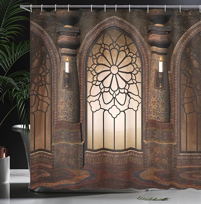 Ambesonne Gothic Shower Curtain, Antique Myst Gate with Pattern and Curvings Design Illustration, Cloth Fabric Bathroom Decor Set with Hooks, 69" W x 70" L, Brown