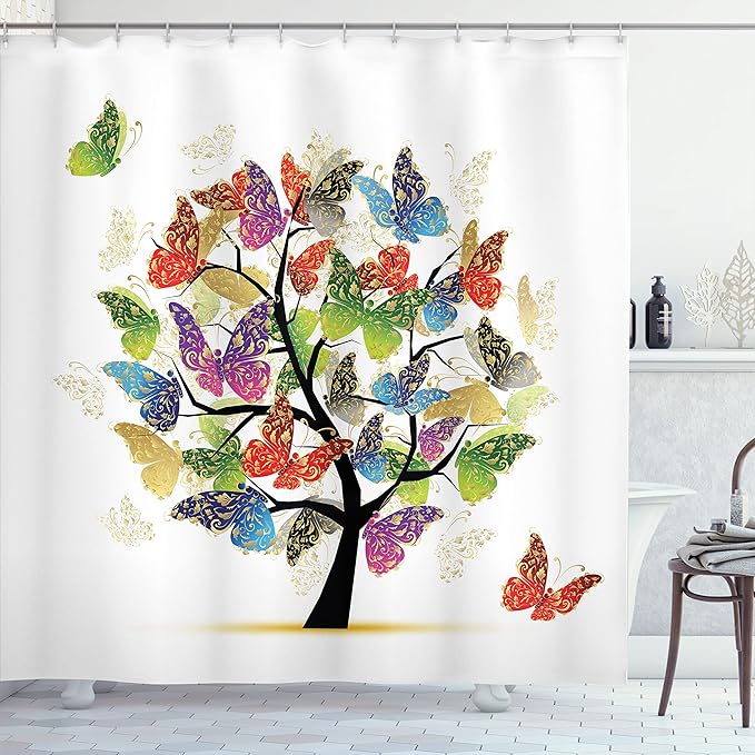 Ambesonne Tree of Life Shower Curtain, Shaded Animals Moth Tree Colored Wings Flying New Life Hope Theme Illustration, Cloth Fabric Bathroom Decor Set with Hooks, 69" W x 75" L, Pale Camel