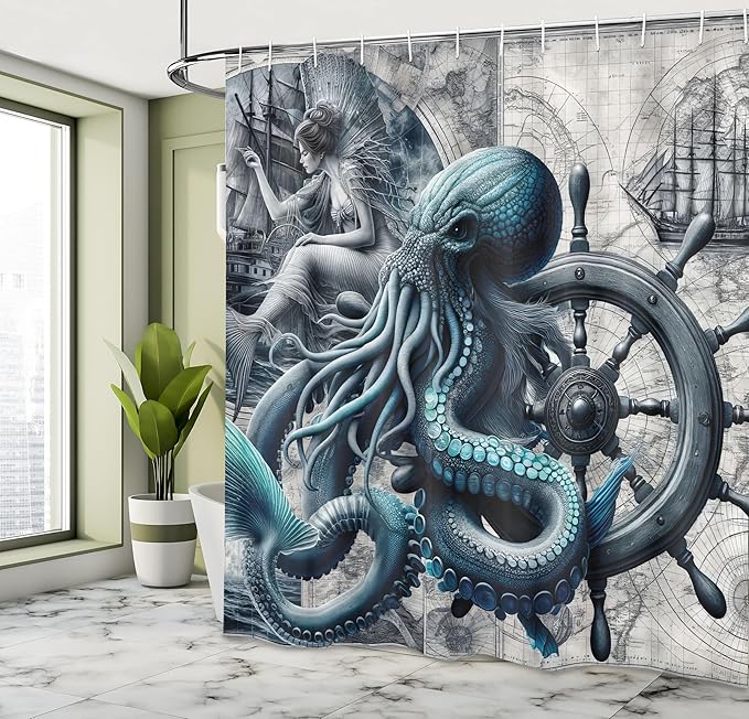 Ambesonne Blue Shower Curtain, Nautical Concept Gothic Marine Fantasy Sailors Nightmare Kraken Siren, Cloth Fabric Bathroom Decor Set with Hooks, 69" W x 70" L, Dark Blue Grey and Ivory