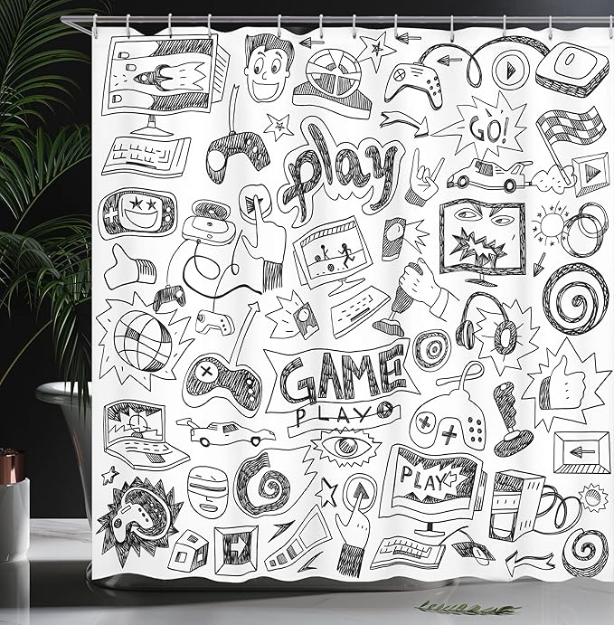 Ambesonne Video Games Shower Curtain, Monochrome Sketch Style Gaming Design Racing Monitor Device Gadget Teen 90's, Cloth Fabric Bathroom Decor Set with Hooks, 69" W x 70" L, Cream and Black