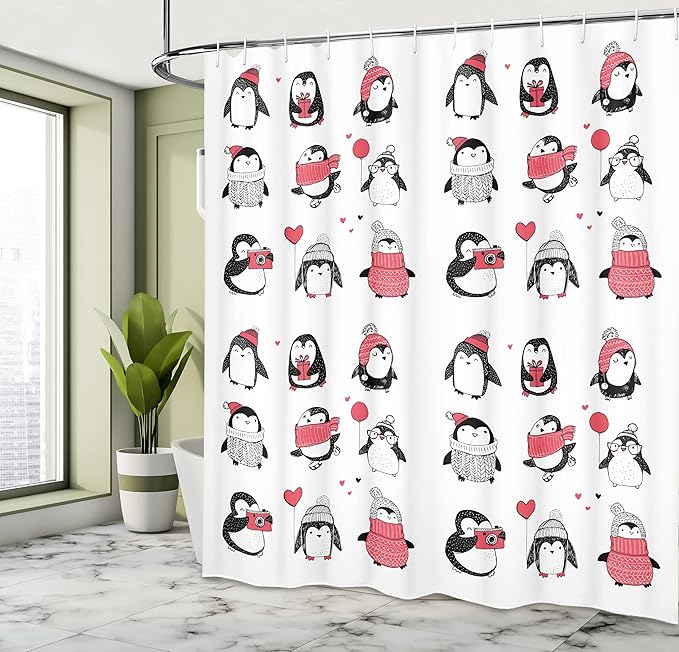 Ambesonne Winter Shower Curtain, Penguins Hand Drawn Merry Christmas Greetings, Cloth Fabric Bathroom Decor Set with Hooks, 69" W x 70" L, White Pink
