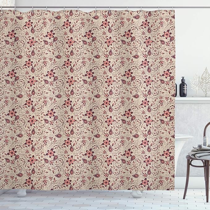 Ambesonne Floral Shower Curtain, Blossoming Spring Meadow Pattern in Retro Style with Curly Details, Cloth Fabric Bathroom Decor Set with Hooks, 69" W x 84" L, Tan Coral