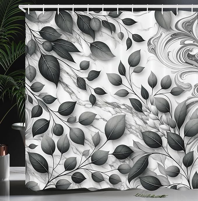 Ambesonne Grey Shower Curtain, Monochrome Art Leafy Atmosphere with Marble Print Details Modern Melancholia, Cloth Fabric Bathroom Decor Set with Hooks, 69" W x 70" L, Purpleblue Off White