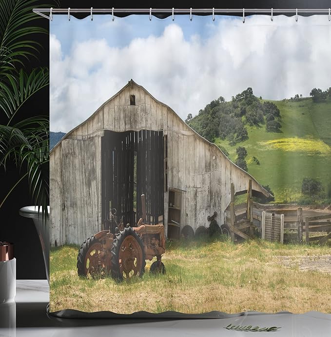 Ambesonne Rustic Shower Curtain, Old Wooden Barn with Rusted Tractor Hillside Enclosed with Wooden Fence and Trees, Cloth Fabric Bathroom Decor Set with Hooks, 69" W x 75" L, White Green