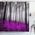 Ambesonne Forest Shower Curtain, Mystical Fantasy Woodland Under Heavy Fog Tall Trees Bushes Contrast Colors, Cloth Fabric Bathroom Decor Set with Hooks, 69" W x 84" L, Fuchsia Black