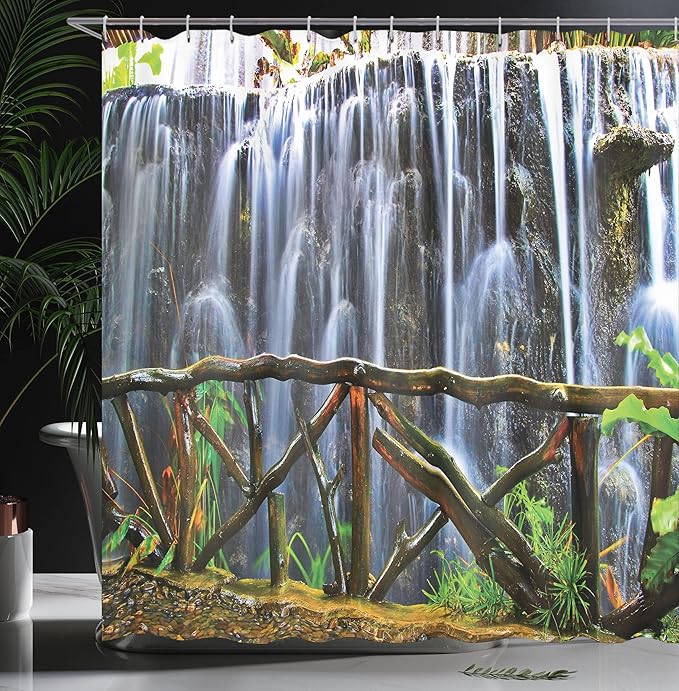 Ambesonne Waterfall Shower Curtain, Tropical Park and Falling Stream Plants Waterfall Scenery Painting Artwork, Cloth Fabric Bathroom Decor Set with Hooks, 69" W x 70" L, White and Green