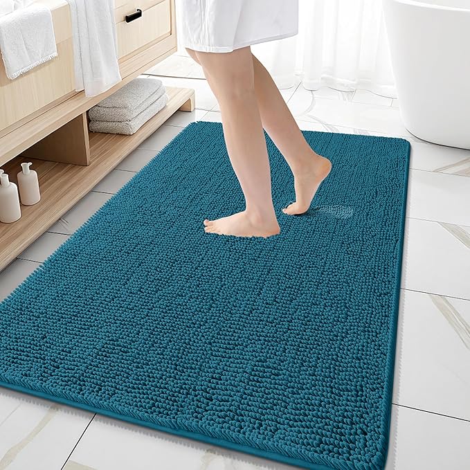 OLANLY Large Bathroom Rugs 59x35, Extra Soft Absorbent Chenille Bath Rugs, Rubber Backing Quick Dry, Machine Washable Bath Mats for Bathroom Floor, Tub and Shower, Home Decor Accessories, Peacock Blue